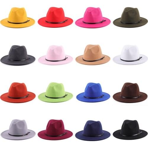 Men Women /Girls British Style Church Hats Autumn Winter Lady Flat Brim Fedoras Vintage Style Wide Brim Belt Buckle Felt Fedoras
