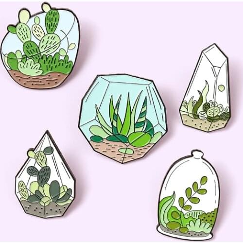 Glass Plant Potted Enamel Pin Green Pretty Stone Brooch Bag Clothes Lapel Pin Sasha Away Badge Cartoon Jewelry Gift For Kids