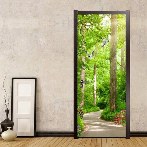 Forest Small Road Nature Landscape Mural Waterproof Self-Adhesive Door Sticker Living Room Bedroom 3D Door Wallpaper Wall Decals