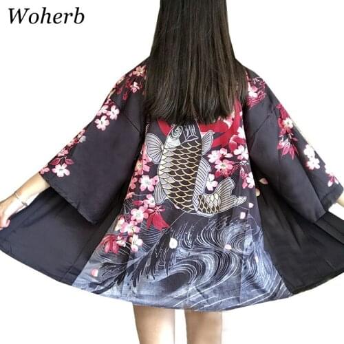 Woherb 2021 Unisex Kimono Harajuku Blouse Print Animal Summer Sun Protection Clothing Japanese Bathrobe Caidigan Blusas 20986