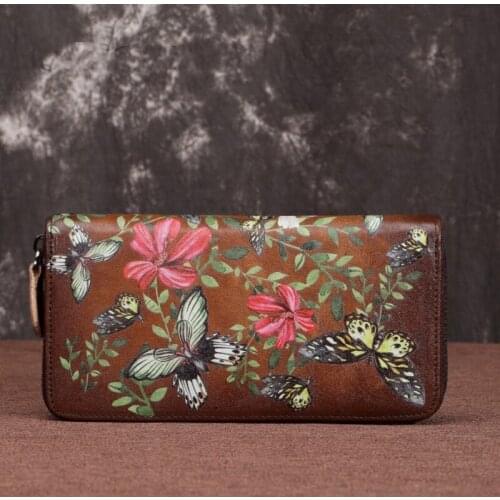 2021 Summer Ladies Retro Long Hand Wallet Genuine Leather Women Wallets and Purses Hand Painted Wallet Card Holder Phone Purse