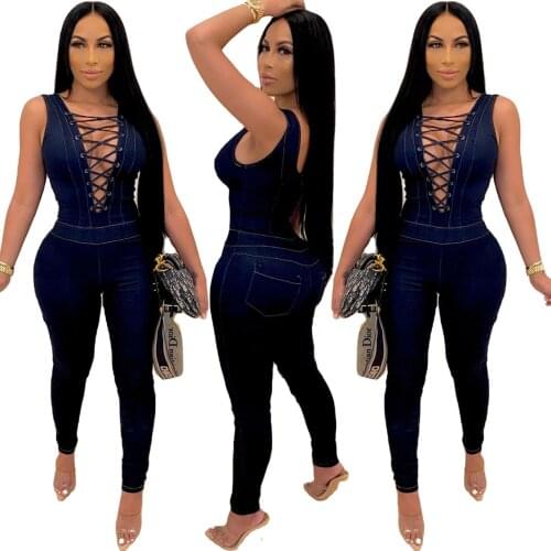 Denim Jumpsuit Women Sexy Lace Up Ladies One Piece Jumpsuit Office Work Club Jeans Overalls Rompers Womens Jumpsuit Mono Vaquero