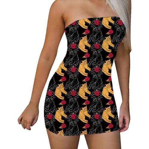 Summer Women Elevated Elegant Tarot Cat Sublimation Printing Bodycon Sundress Strapless Stretchy Sexy Off Shoulder Tube Dress
