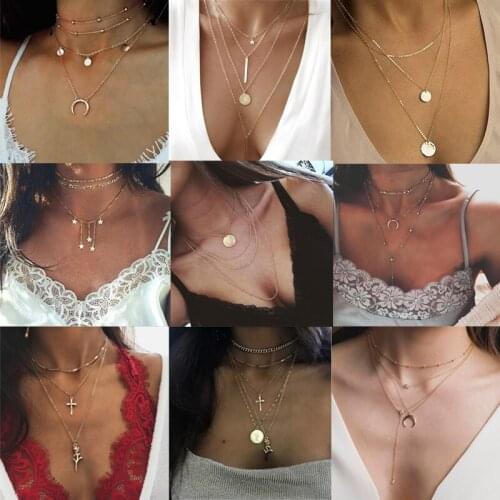 2020 Fashion Bohemian Multilayer Necklace Moon Star Coin Crystal Pendant Necklace for Women Geometric Necklace neck jewelry