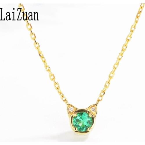 LaiZuan Solid 18K (AU750) Yellow Gold 0.20ct Round Cut 100% Genuine Natural Emerald Engagement Necklaces Women Fine Jewelry Gift