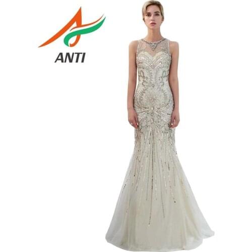 NTI Hot Sale 2019 Light Gray Prom Dresses Mermaid Crystal O-neck Tulle Illusion Gold Sweep Train Uzun Elbise Woman Gown Elegant