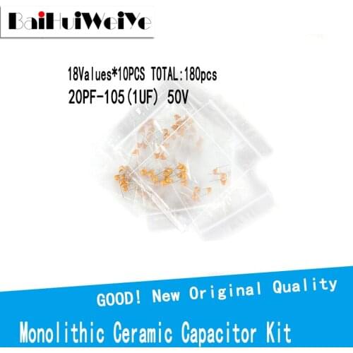 180PCS/LOTE 50V 20PF ~ 1UF (105) 18values*10pcs 20pF(200) 22pF Monolithic Ceramic Capacitor Ceramic Capacitor Assorted Kit