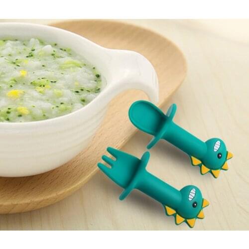 2Pcs/Set Baby Learn Spoon Fork Set Short Easy Spoon Cartoon Dinosaur Silicone Teether Toys Anti-slip Feeding Training Utensils
