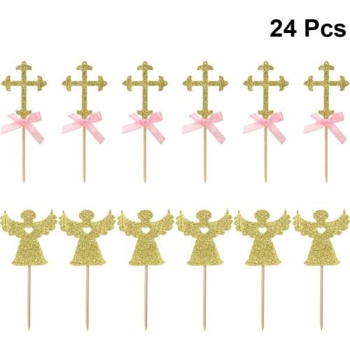 24pcs Cross And Angel Shape Cake Topper Glittering Cake Picks Cupcake Toppers Decor Party Supplies For Wedding Birthday Festival