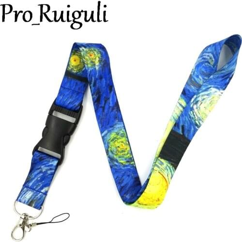 30pcs Van gogh Starry sky webbings ribbons Keychain Lanyards Id Badge Holder ID Card Pass Gym Mobile Phone Holder Key Straps