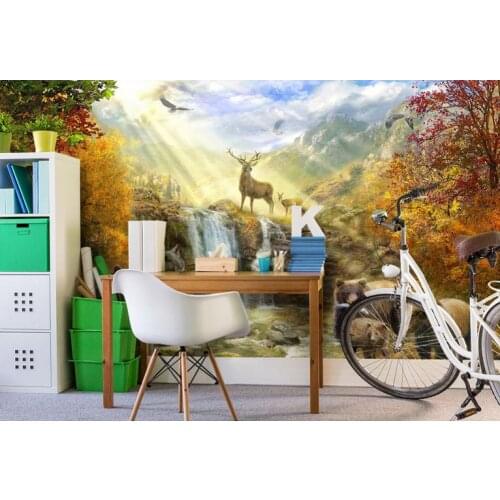 Custom 3d wallpaper for walls 3 d wall murals wallpaper Golden sun golden forest Wolf brown bear red deer animal background wall