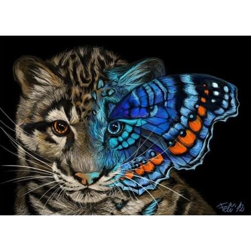 Tiger cat blue butterflies diamond painting cross stitch kits 5d diy diamond mosaic full square round diamond embroideryZP-1828