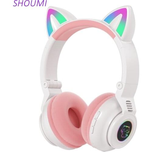 Cat Ear Earphones LED Glowing Bluetooth Headphones Wireless Helmet Headsets Stereo Gaming Earbud with Microphone Kids Girl Gifts