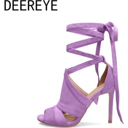 Suede Summer Sexy Lace Up Adjustment Cross Strap Bowknot Slip On Side Cutout Stiletto Women High Heel Fish Mouth Sandals Dress