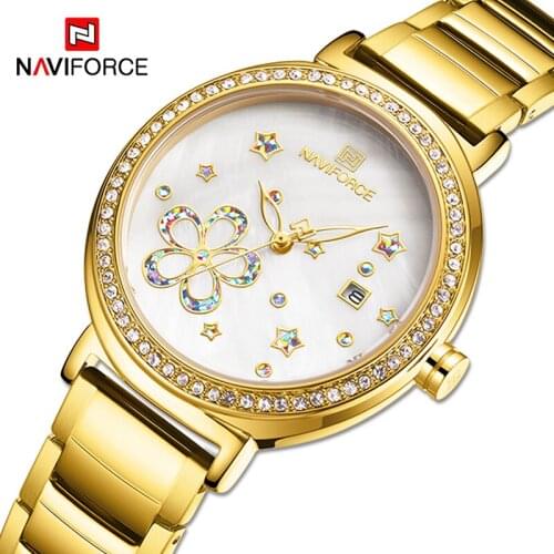 New NAVIFORCE Womens Watches Casual Business With Flower Pattern Quartz Calendar Waterproof Stainless Steel Famale Clock Watch