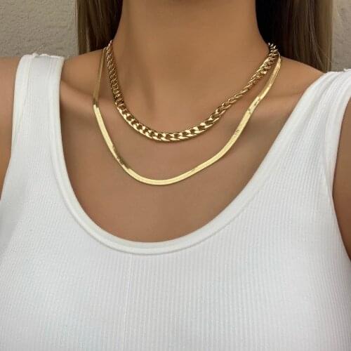 Lifefontier Punk Double Layer Snake Chain Choker Necklace for Women Gold Color Metal Cuban Chain Necklace Minimalist Jewelry