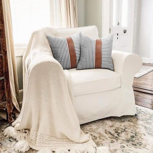 Farmhouse Decoration Pillow Covers 45*45cm Set Of 2 Modern Faux Leather And Ticking Stripe Pillow Covers Boho Indoor Outdoor