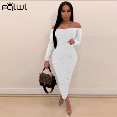 FQLWL Fall Ruched Party Black Sexy Dresses For Women 2021 Off Shoulder Backless Long Sleeve Bodycon Dress Ladies Long Maxi Dress