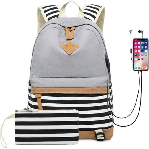 Hot Sale Canvas Backpack Women School Bags for Girls Large Capacity USB Charge Laptop Backpack Travel Rucksack for Teenagers