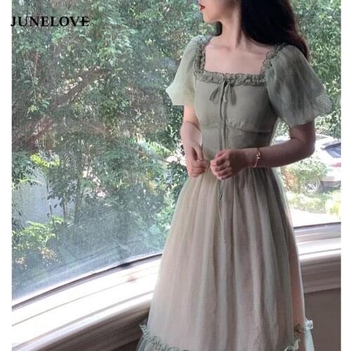 JuneLove 2021 Elegant Lace-Up Ruffles Mesh Midi Dress Vintage Square Collar Female French Dress Casual Holiday Lady Boho Vestido