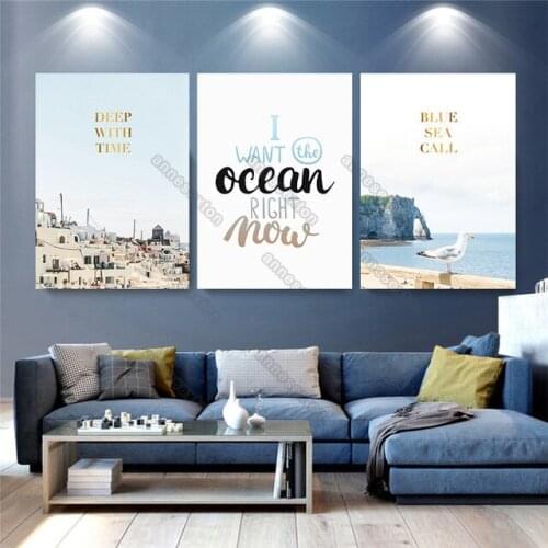 Nordic Style Canvas Painting Poster Peaceful Town Wide Sea Stones Quota i Want The Ocean Right Now for Home Rooms Wall Decoratio