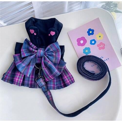 Plaid Bowknot Dog Dress with Leash Leads for Small Medium Dogs Cat Summer Puppy Dog Clothess Bulldog Chihuahua Yorkie Tutu Skirt