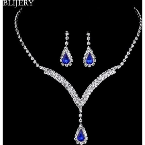 BLIJERY Royal Blue Crystal Bridal Jewelry Sets V Shaped Teardrop Choker Necklace Earrings Wedding Jewelry Sets for Women