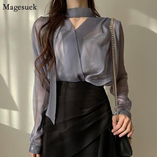 Korean Fashion Sunscreen Women Blouses Summer 2021 Long Sleeve V-neck Chiffon Shirt Female Bow Loose Tops Clothes Blusas 13863