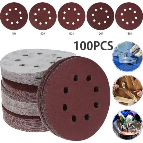 100 Pcs 5 Inch 125mm Round Sanding Discs Hook Loop Sanding Paper Buffing Sheet Sandpaper 8 Hole Sander Polishing Pad Sandpaper