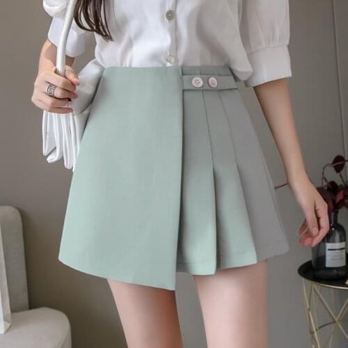 Summer Casual pleated High Waist Wide Leg skirt pants Women Korean Brief Solid Leisure Shorts