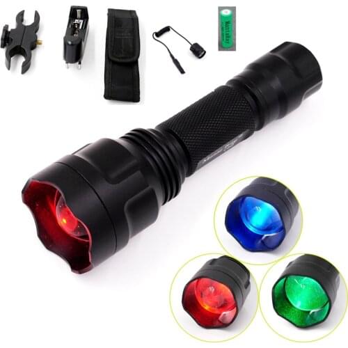 Manta Ray C8s Hunting LED Flashlight CREE XP-E Green Blue Red Light Zoomable Lanterna 18650 Battery Gun Mount Remote Switch