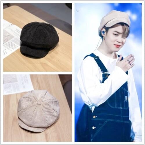 Fashion Black Octagonal Hat Unisex Corduroy Warm for Winter kpop Bangtan Boys Jimin same Style Korean Simple Design