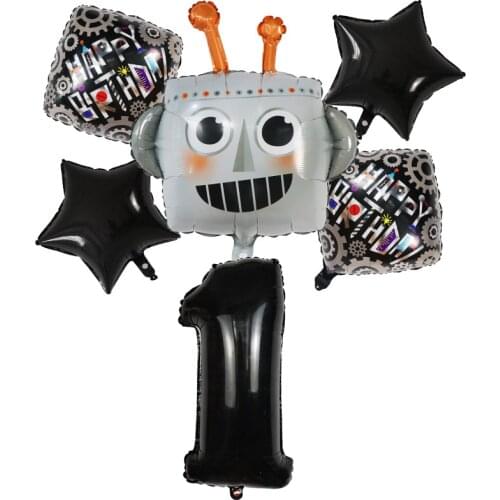6pcs Cartoon Pioneer Robot Head Foil Helium Balloons Set 30inch Number Air Globos Children Birthday Party Decorations Kids Toys