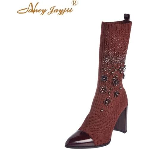 Knitting Women Adult Boots Ladies Shoes Appliques Slip-on Square Toe Super High Thin heels Mature Concise Nancyjayjii 2019