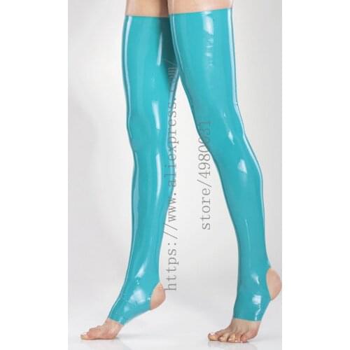 Novelty womens lake blue trample latex long stockings with cutting feet men and made of 0.4mm thickness natural latex materials