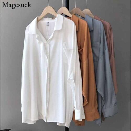 Office Ladies Loose Chiffon Long Sleeve Shirt New Spring Solid 4 Colors Blue Top Lapel Pocket Elegant Blouse Women Blusas 12631