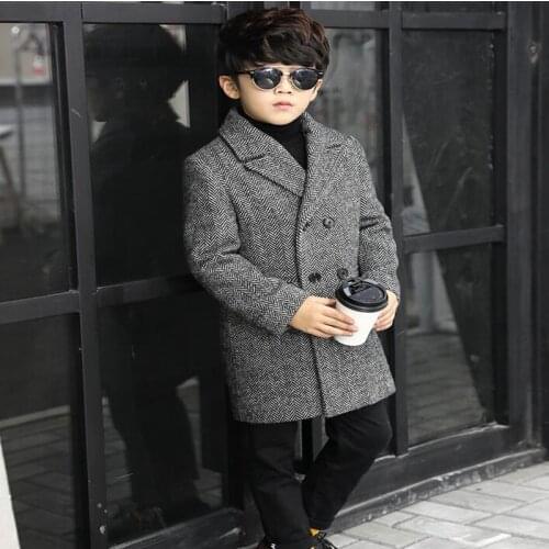 Thicken autumn winter plaid woolen coat childrens long wool double-breasted jacket boy windbreaker Kids Winter Overcoat