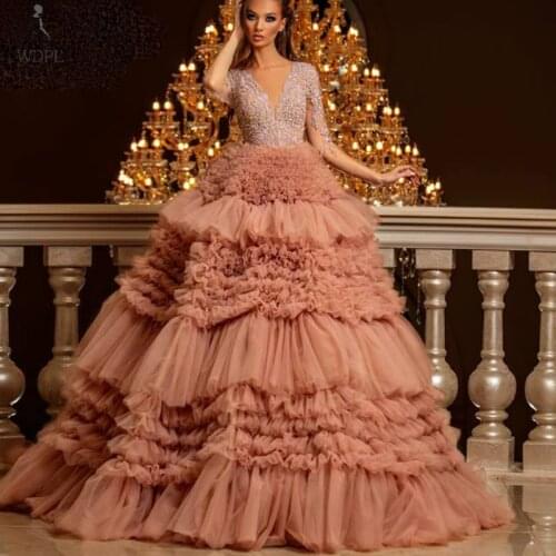 Luxury Crystals Beaded Evening Dress Puffy Tulle Cloud Prom Dresses 2020 Arabia Dubai Full Sleeves Party Gowns Robe De Soiree