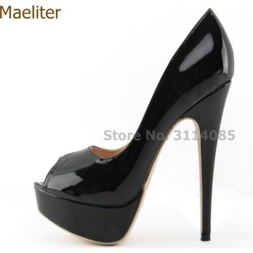 Classic Style Noble Ladies Black Nude Mirrored Leather Platform Pumps 14cm Sky High Heel Dress Shoes Open Toe High Heel Shoes