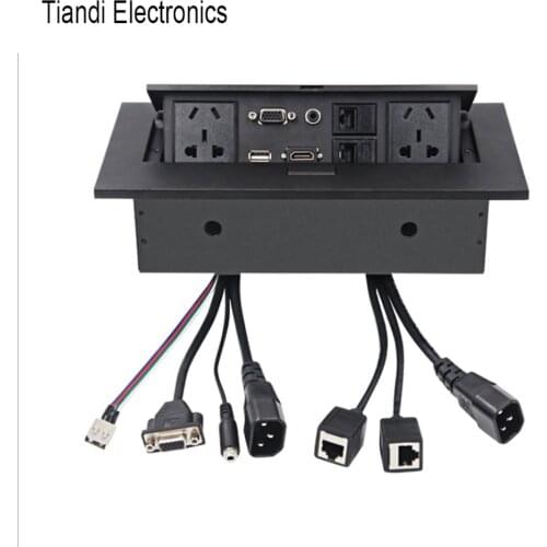 Universal five holes plug zinc alloy pop up black right angle tabletop socket HDMI 3.5 audio VGA RJ45 USB multimedia connector