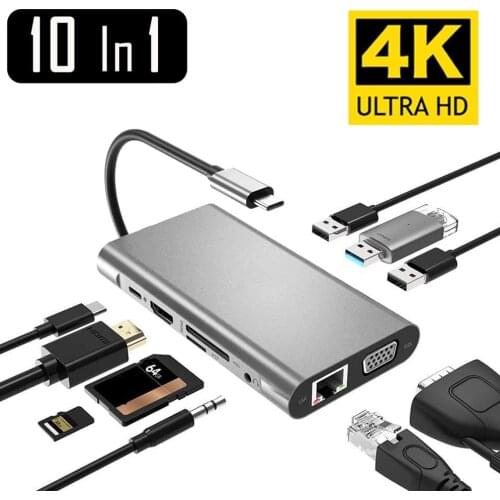 USB Type C Hub Type-C To HDMI 4K VGA Adapter RJ45 Lan Ethernet SD TF USB C 3.0 Type C 3.5mm Jack Audio Video For MacBook Pro OTG