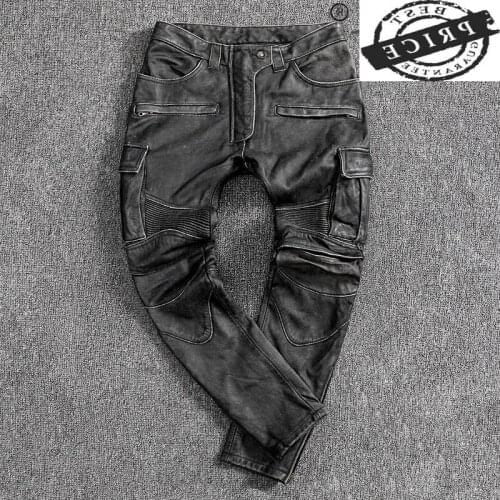 Vintage Mens Pants Real Cowhide Leather Pants Men Motorcycle Trousers Plus Size axl Spring Autumn 2021 Pantalon Cuir 21LW