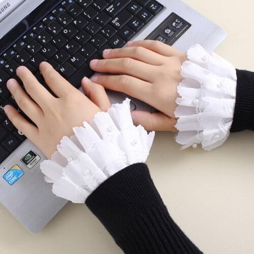 2021 Women Chiffon Shirt Pleated Fake Flare Sleeve Ruffles Hollow Out Lace Floral Lapel False Detachable Collar Cuff Blouse Tops