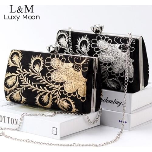 Women Floral Embroidered Clutch Purse Diamonds Wedding Party Handbag Female Elegant Vintage Golden Silver Messenger Bag X391H
