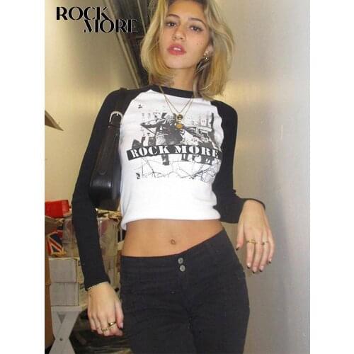 Rockmore Fairy Grunge Crop Top Women Vintage Print T-shirt Y2K Gothic Patchwork Long Sleeve O-neck Tee Casual Streetwear Clothes