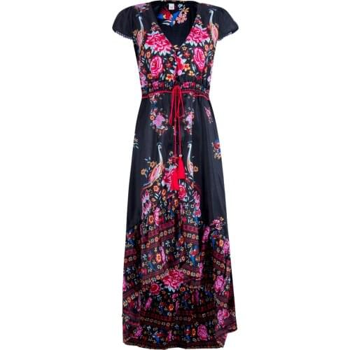 Women Boho DressFloral Holiday Bohemian Beach Party Dress Short Sleeve Casual Ladies Sundress