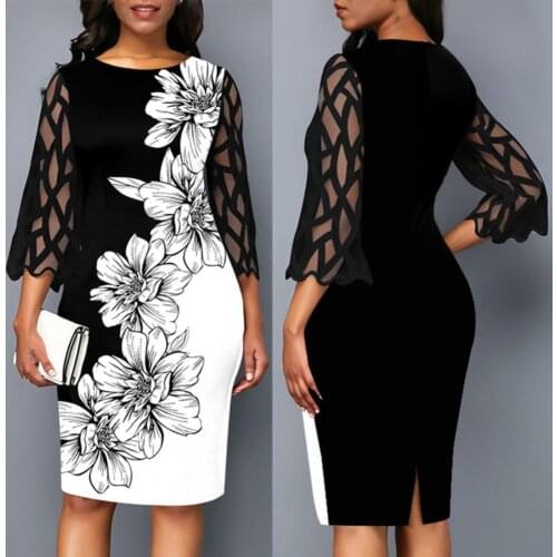 Office Ladies Floral Bodycon Women Dress Summer Mesh Patchwork 3/4 Sleeve Dresses Streetwear Vintage Sexy Party Dress Plus Size