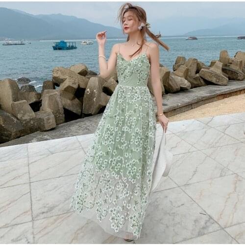 Women Maxi Floral Dress Summer 2021 Runway Elegant Long Boho Vintage Embroidery Fairy Tropical Beach Vacation Party Vestidos New