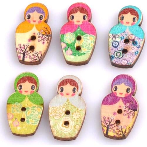 50pcs 22x30mm Cute Russian Dolls Painted Wooden Buttons Children Button Sewing Craft 2 Holes MT0728