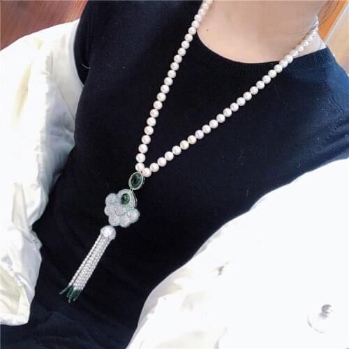 Hand knotted long natural 8-9mm white freshwater pearl tassel sweater chain necklace fashion jewelry